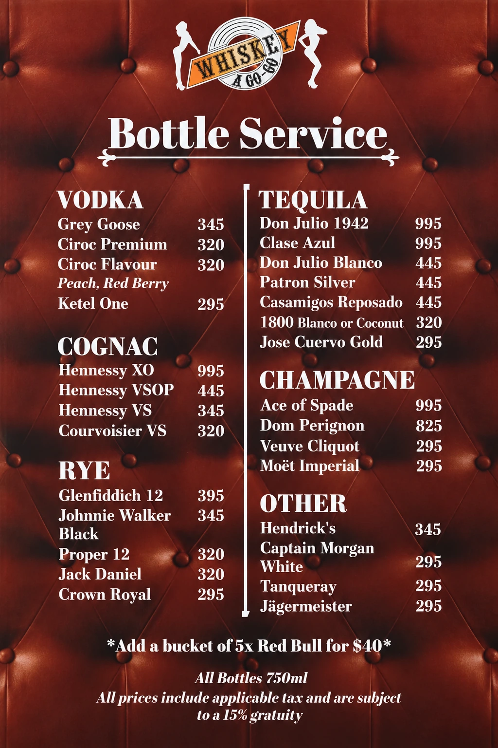 Original Whiskey A Go-Go bottle-service menu artwork. The bottles, prices and terms are also listed in text on this page.