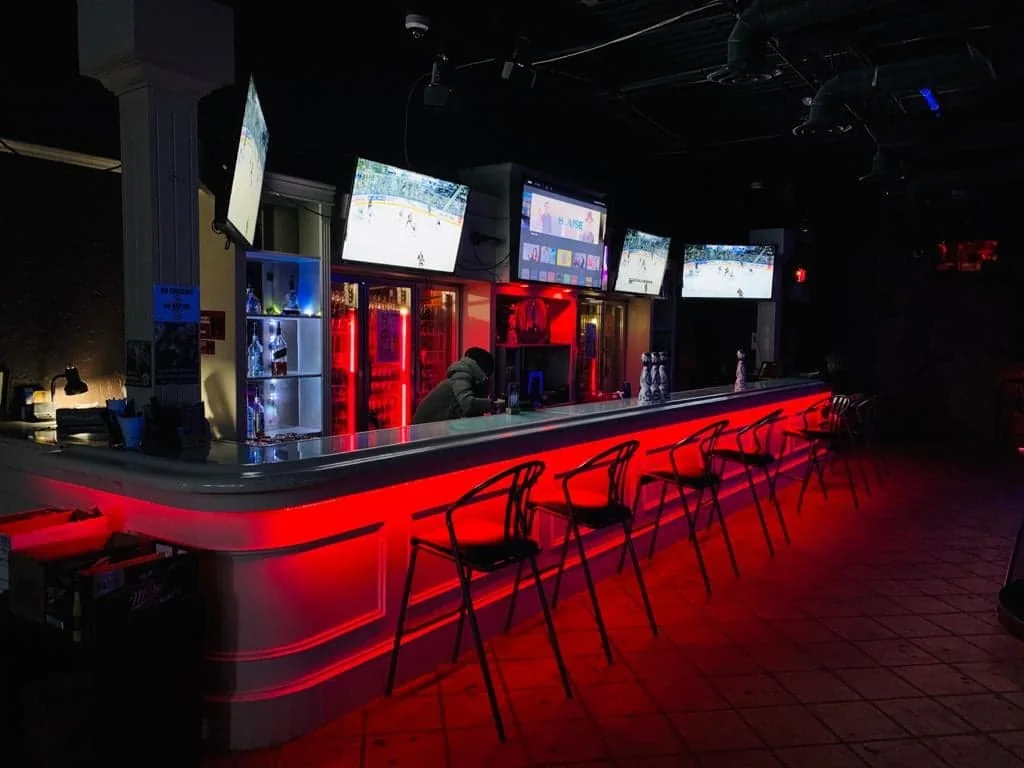 The illuminated Whiskey A Go-Go bar.